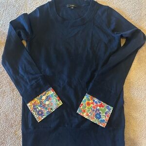 j crew lightweight, navy sweater with floral cotton cuffs